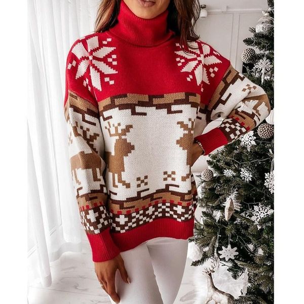 

women's sweaters turtleneck christmas sweater for women winter fashion elk jacquard print knitted pullover ladies causal long sleeve, White;black