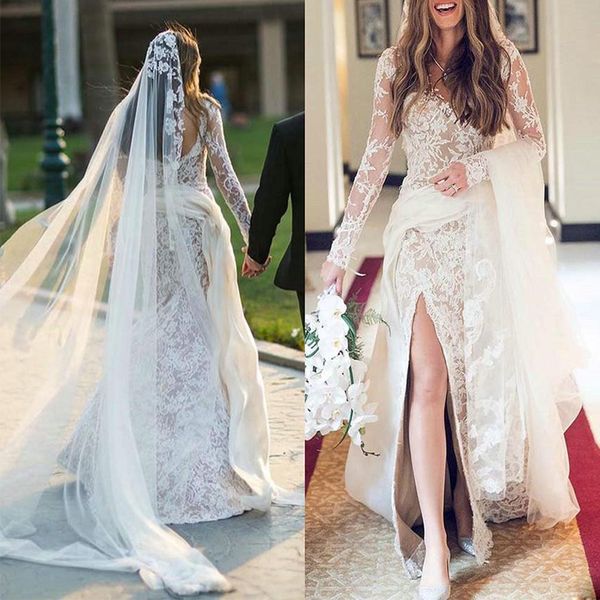 

illusion long sleeve mermaid wedding dresses with peplum sash jewel neck slit garden princess bridal gown robe de mariée, White