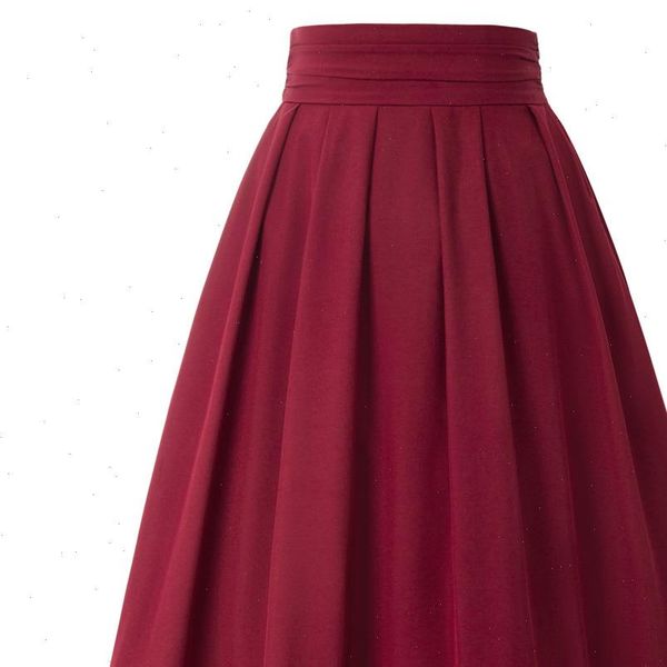 

casual skirt women vintage pleated flare skirt with pockets high waist a line side zipper retro pure color mid calf summer lady, Black