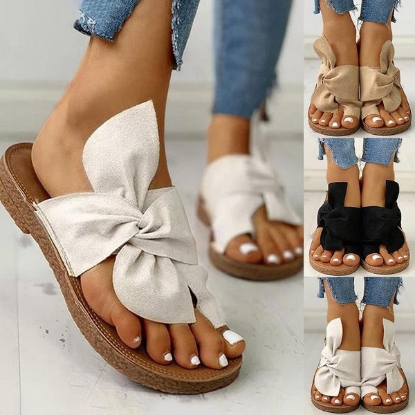 

slippers dropship summer women slipper bowtie decorate non-slip sandals woman flats mules casual female beach flip flops slides, Black