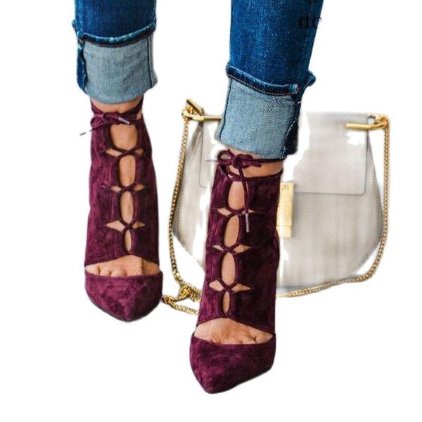 

dress shoes women suede ankle lace-up pumps pointed toe thin high heels female hollow out cross tied fashion stiletto, Black