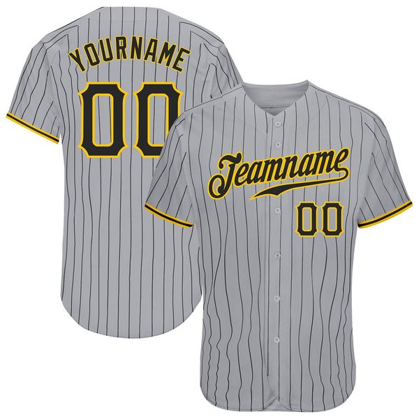 Custom Grey Black Pinstripe Black-Gold Authentic Baseball Jersey