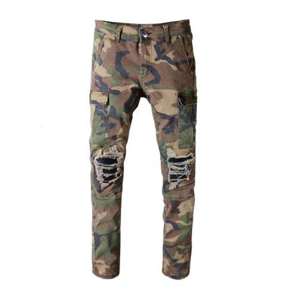 

2021 new men's camouflage printed patchwork military biker jeans for moto slim fit straight army green pockets denim pants trousers 6ft, Blue