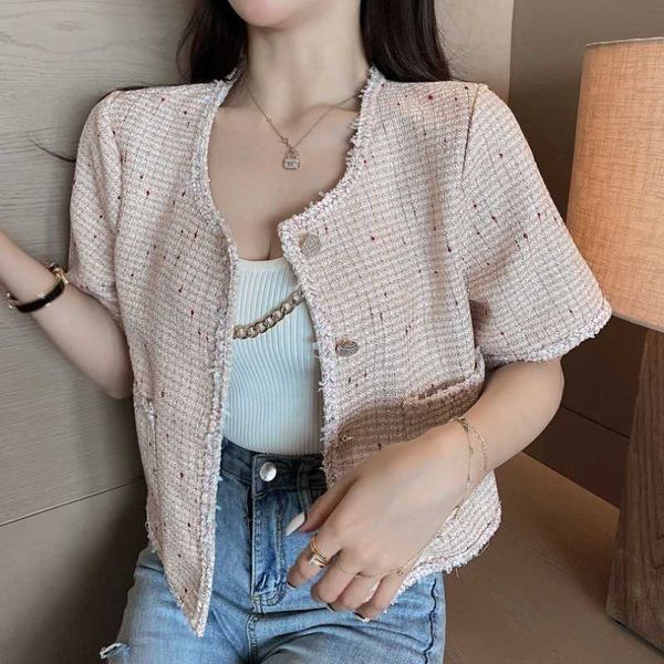 

summer women single-breasted short coat sleeve casual tweed jackets 210531, Black;brown