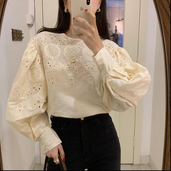 

new vintage elegant embroidery shirt women openwork crochet puff sleeve solid korean style loose female blusas, White