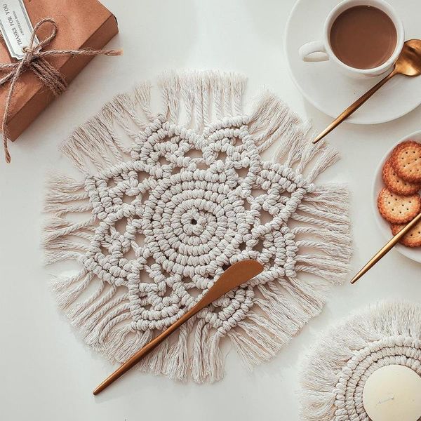 

mats & pads nordic placemat hand-woven round macrame pure handmade cotton braid non-slip insulation for kitchen