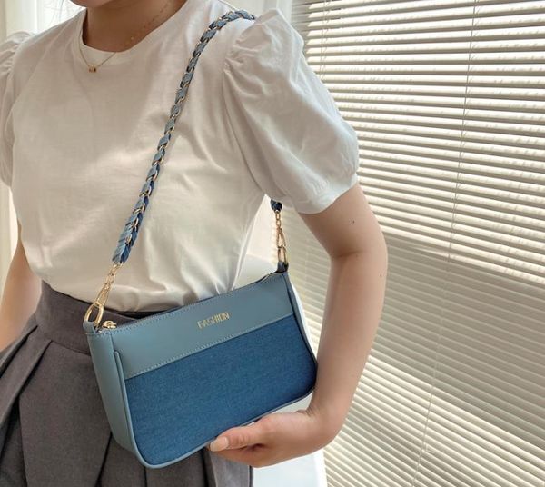 

2021 summer trendy shoulder bags contrasting denim chain crossbody underarm bag