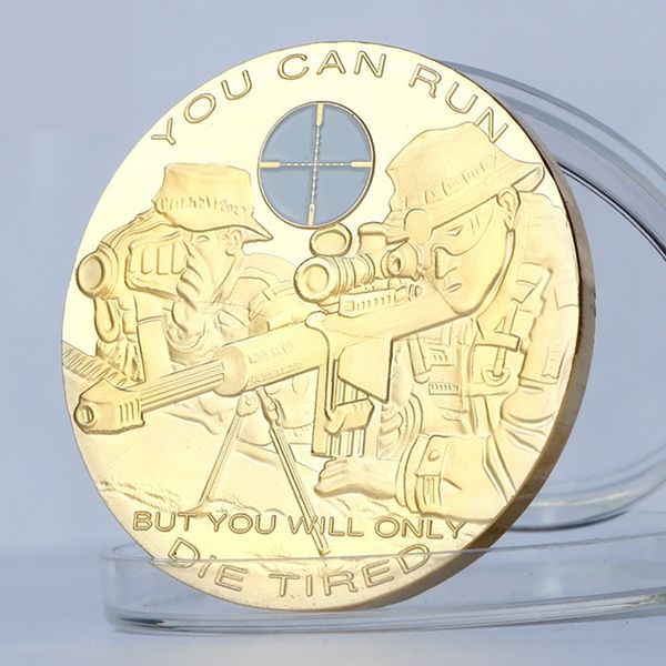 

non magnetic us military army craft you can run but you will only die tired usa sniper soldier challenge coins collectible coin