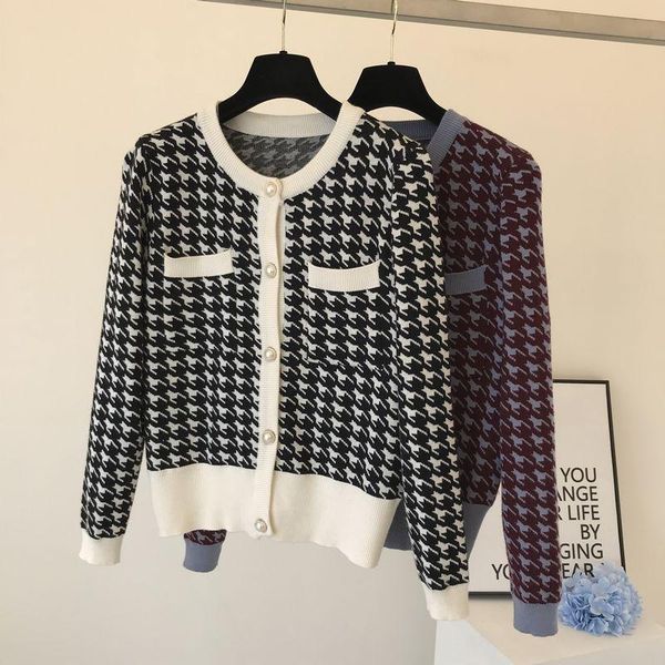 

retro hong kong-style houndstooth pattern lazy style net red sweater knitted cardigan jacket female tide korean texture, White