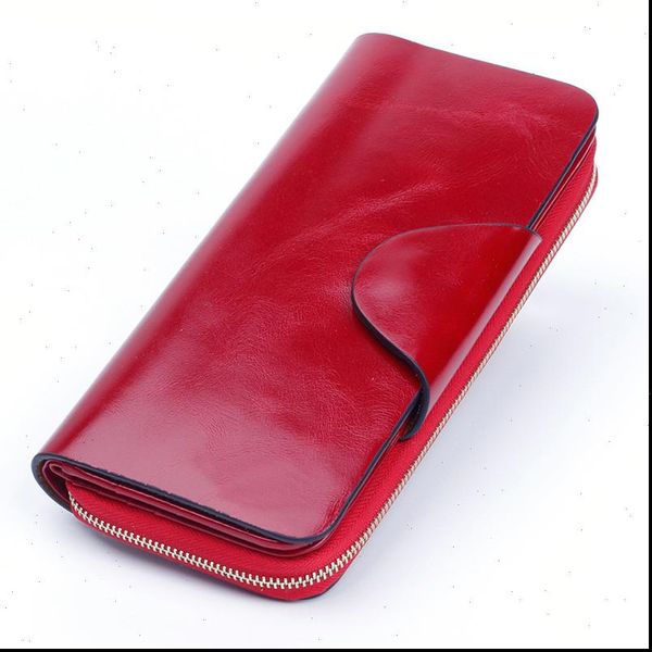 

sales women leather wallets female wallet zipper genuine oil wax long design lover coin purse card, Red;black