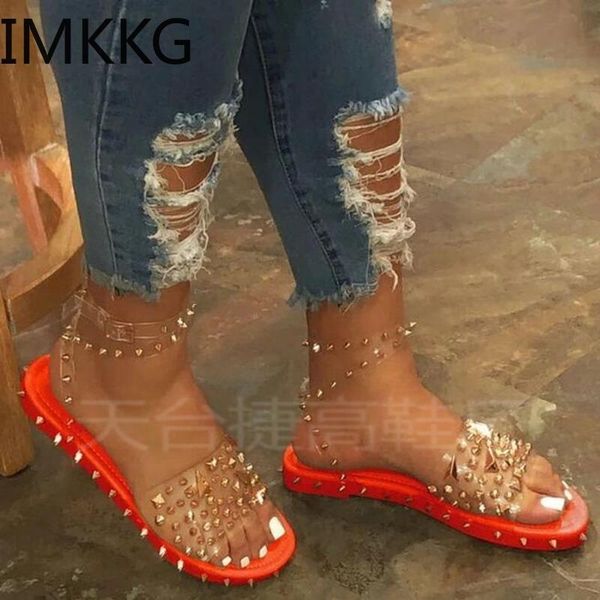 

transparent pvc jelly candy color rivet female beach slippers women flat sandals soles women's buckle slippers sandals, Black