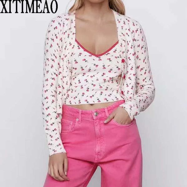 

za women fashion floral print knitted cardigan vintage long sleeve sweater+knitted chest strap 2-piece set xitimeao 210602, White