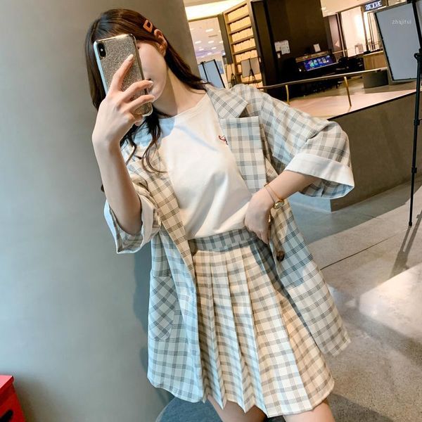 

summer two piece suits blazer and skirt sets women fashion korean elegant plaid short sleeve jacket mini pleated skirts outfits dress, White