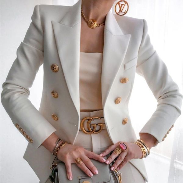 

women blazer double breasted blazer coat autumn elegant solid slim long sleeve female suit jacket office ladies outwear, White;black