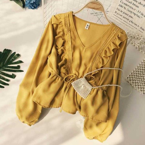 

fashion summer autumn white chiffon shirt women ladies v-neck lantern sleeve loose elegant blouse club boho shirts 210601