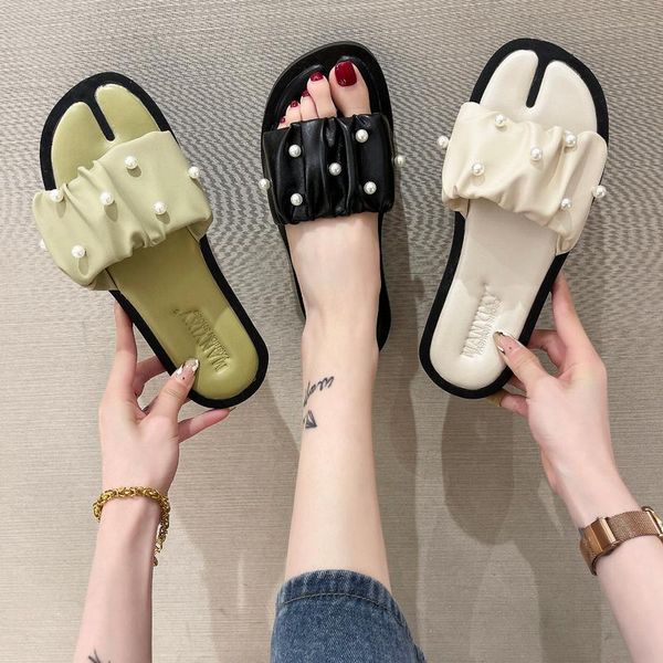 

slippers low shoes womens outdoor shale female beach luxury slides string bead pantofle sabot designer soft flat summer 2021 pu, Black