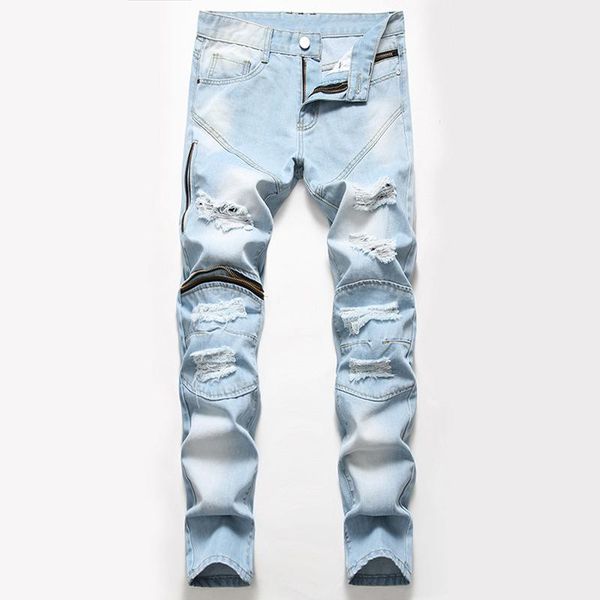 

men's jeans fashion mens casual loose hole zipper straight denim pants, Blue