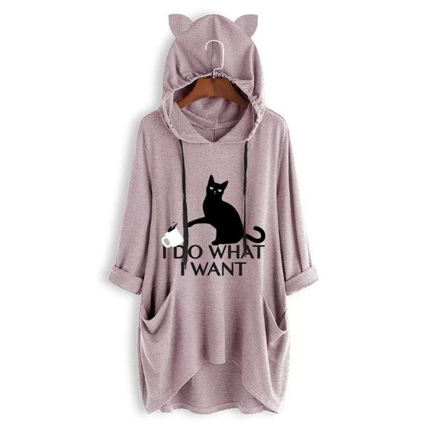 

new kawaii cartoon cat ears hooded sweatshirt women long sleeve tunic hoodies top, Black