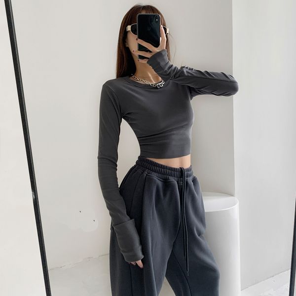 

designer brand cotton style tight round neck solid color bottoming high waist short belly button exposed t shirt spring and autumn, White