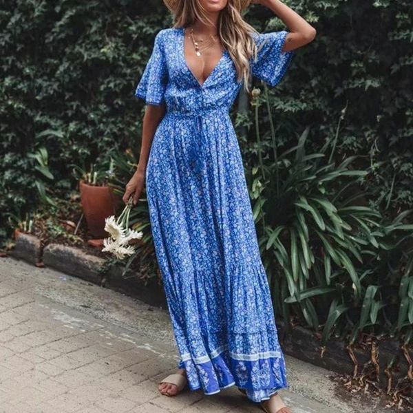 

hort sleeve sundress female print tassel buttons vintage maxi dress deep v-neck dress women 6st8, Tan;black