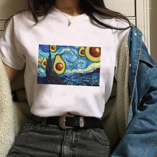 

women's t-shirt womens lady t shirt t-shirts women avocado star night cute print cartoon short sleeve tees graphic female, White