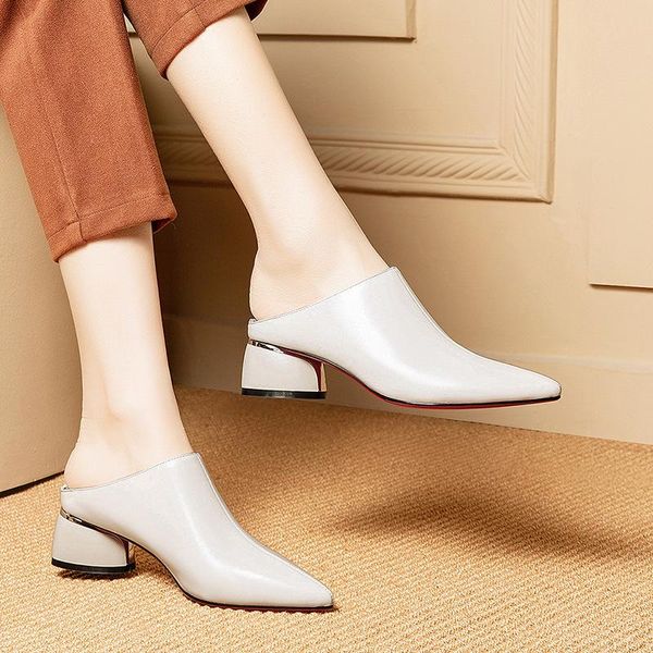 

shoe genuine leather woman sandals coarse heel slipper 2021 summer shoes sharp heel woman, Black