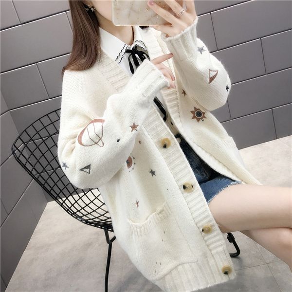 

casual dresses fall harajuku loose female cardigan korean knitted sweater embroidered jacket with single-breasted cleavage mesh women's, Black;gray
