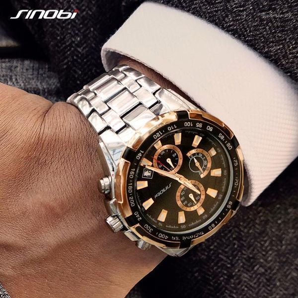 

sinobi men's business golden chronograph watch waterproof band quartz wristwatches sports watches relogio masculino 2021, Slivery;brown