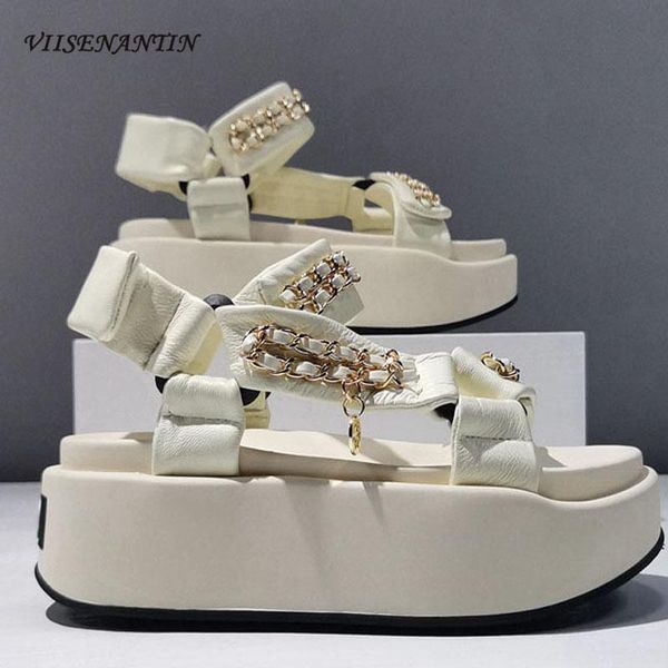 

sandals 2021 summer soft leather comfortable casual thick bottom open toe chain decorative sports women, Black