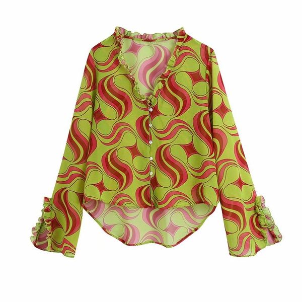 

women's blouses & shirts traf women 2021 fashion geometric print ruffled vintage long sleeve asymmetry streetwear, White