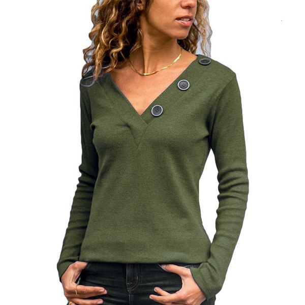 

2021 new 2021new women long sleeve knitted jumper ladies button v neck pullover slim t shirt spring autumn wear qss3, White
