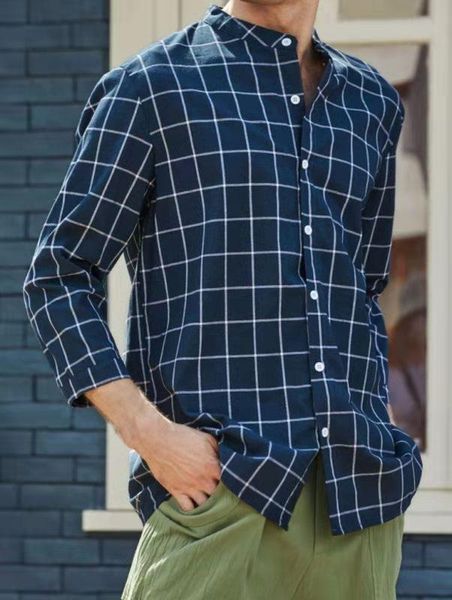 

men's casual shirts loose navy plaid round neck buttons solid color shirt for daily outdoor wear male clothing 2021, White;black