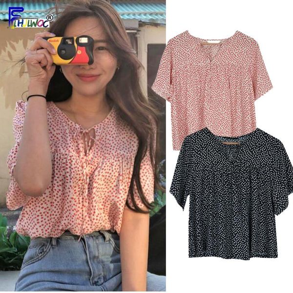 

women's blouses & shirts cute sweet bow tie women summer short sleeve casual loose preppy girls japan style design printed chiffon blo, White