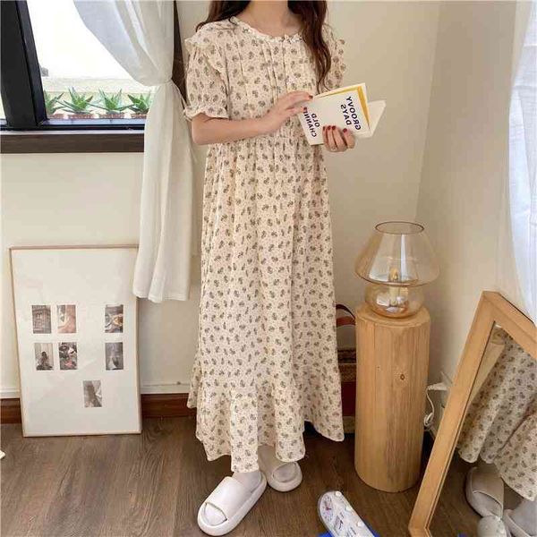 

casual dresses summer loose pajamas outwear cotton sleepwear 2021 sweet florals princess dress printed chic homewear nightdress m3, Black;gray