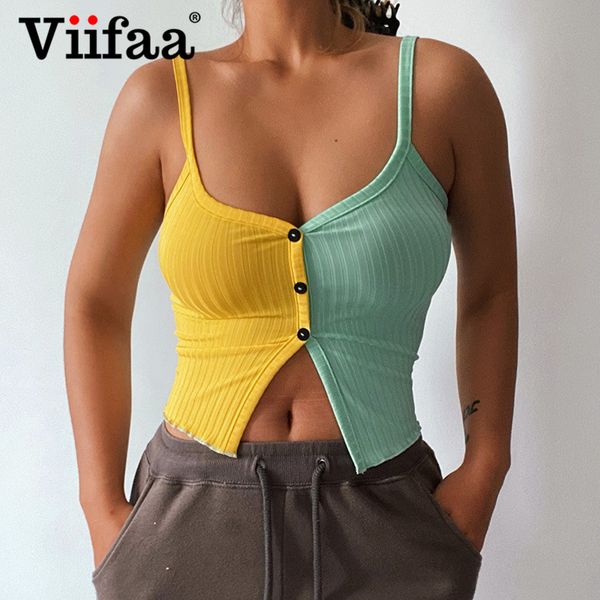 

viifaa yellow and green two tone knit button up spaghetti strap summer women going out fashion patchwork cami high quality, Black;gray