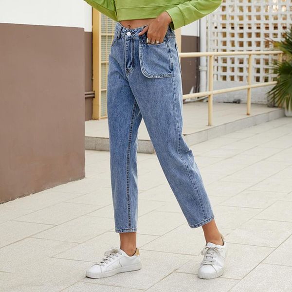 

women's jeans 100% cotton blue women streetwear ankle-length pants pocket straight jean femme ladies denim