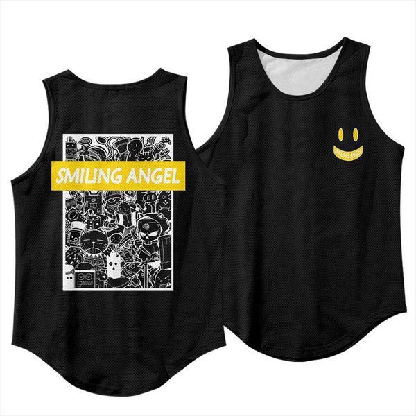 

summer black print tank men sleeveless streetwear hip hop casual vest beach gyms costume, White;black