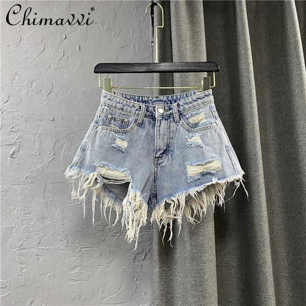 

women's jeans all-matching fashion washed high waist denim shorts summer 2021 loose slim burrs tassels ripped short pants, Blue