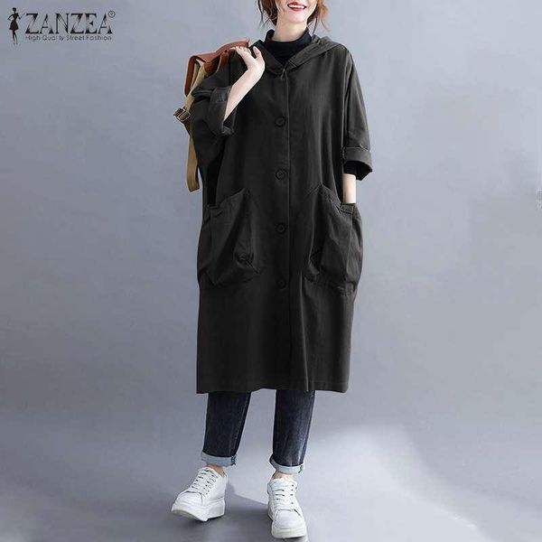 

women's trench coats womens autumn long casual fashion hooded female single-breasted pockets plus size zanzea korean solid windbreakers, Tan;black