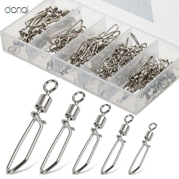 

donql 100pcs/box swivel fishing connector 2#-10# stainless steel fishhook line connector barrel rolling lure fishing tackle
