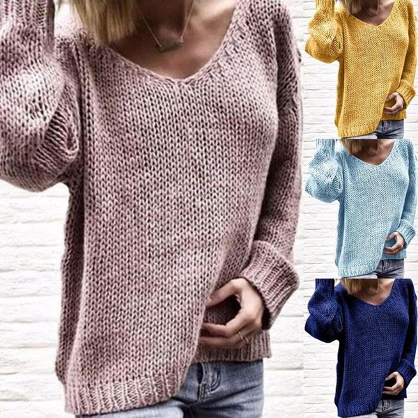 

women's sweaters casual women loose solid color knitted sweater v neck long sleeve jumper fabric, polyester, spandex, White;black