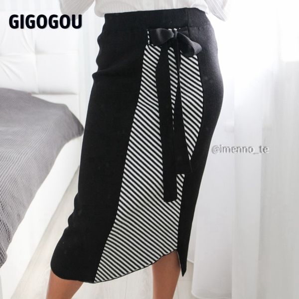 Gigogou Düzensiz Hem Jakarlı Örme Etekler Yüksek Bel Kadın Düğüm Kemer Maxi Etekler Zarif Sonbahar Kış Kalem Kazak Etek 210309
