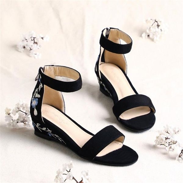 

sandals women's solid color one line buckle open toe 2021 spring and summer suede flower slope heel breathable casual shoes, Black
