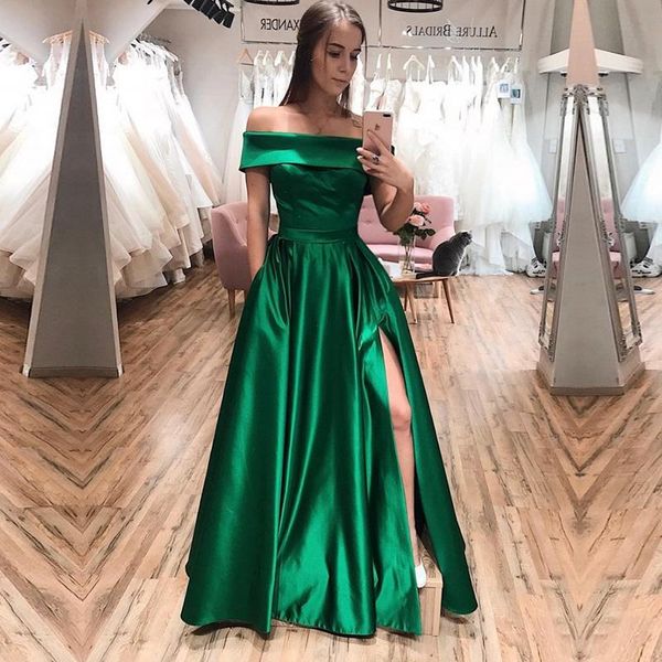 

party dresses junoesque boat neck soft satin side split prom with floor length a-line evening dress wholesale, White;black