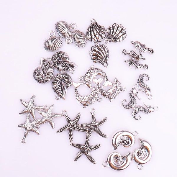 

charms mixed 50pcs metal mermaid tail sea shell conch making summer starfish seahorse pendant fit bracelet souvenir gift jewelry, Bronze;silver
