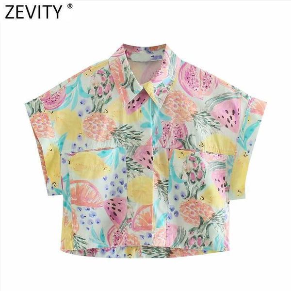 

zevity women fashion tropical fruit print short smock blouse female single breasted casual shirts chic blusas ls9320 210603, White