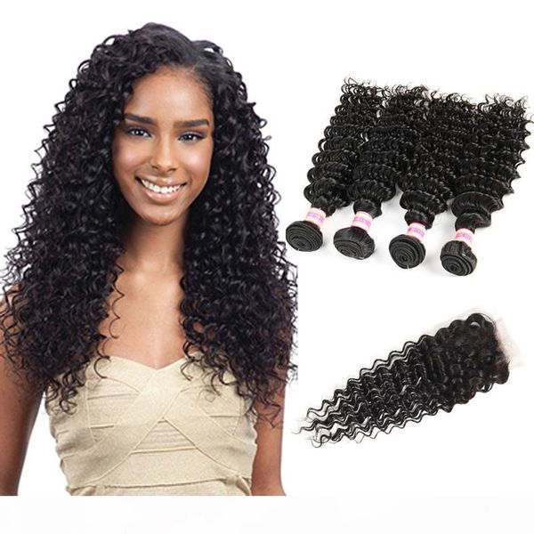 

indian malaysian peruvian mongolian brazilian virgin hair deep wave bundles with closure kinky curly human hair lace closure, Black