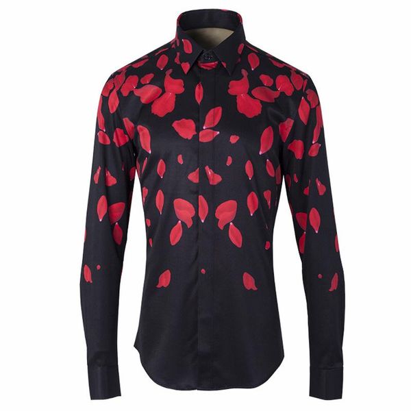 

men's casual shirts men shirt luxury rose leaf printed long sleeve mens fashioin slim fit dress plus size 4xl, White;black