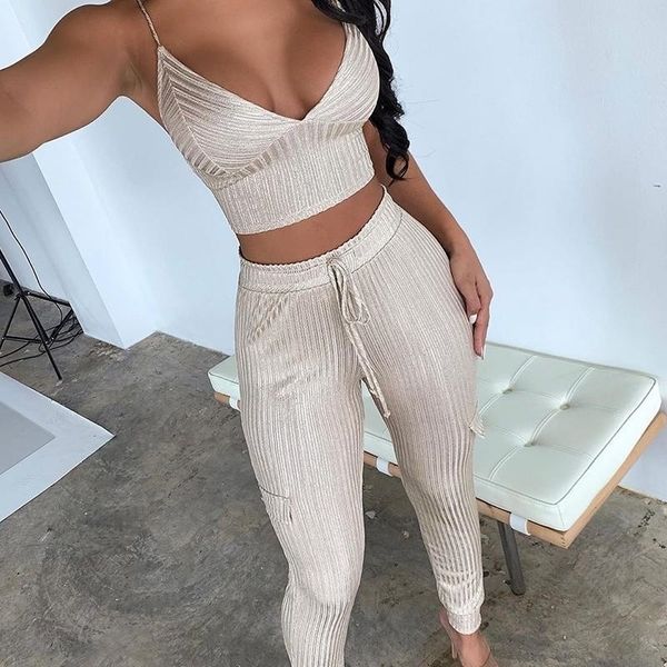 

summer two peice women v-neck sleeveless crops and skinny pants sets night club party outfits tracksuit t200603, White