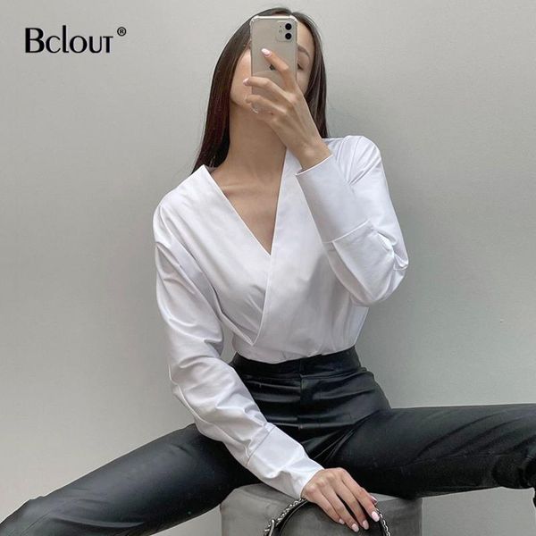 

women's blouses & shirts bclout v neck cotton slim pure woman casual long sleeve female white blouse summer fashion office ladies plain